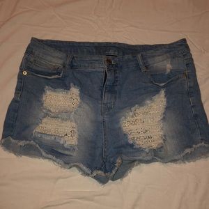 Light Wash Destructed Lace Pocket Denim